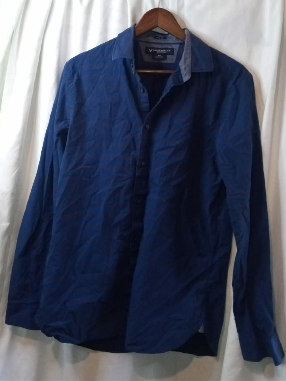 Slim Fit American Eagle Navy Blue Horizontal Stripes Long Sleeve Button Shirt M